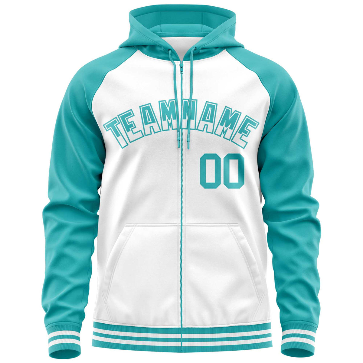Custom Stitched White Aqua Raglan Sleeves Sports Full-Zip Sweatshirt Hoodie| KXKSHOP