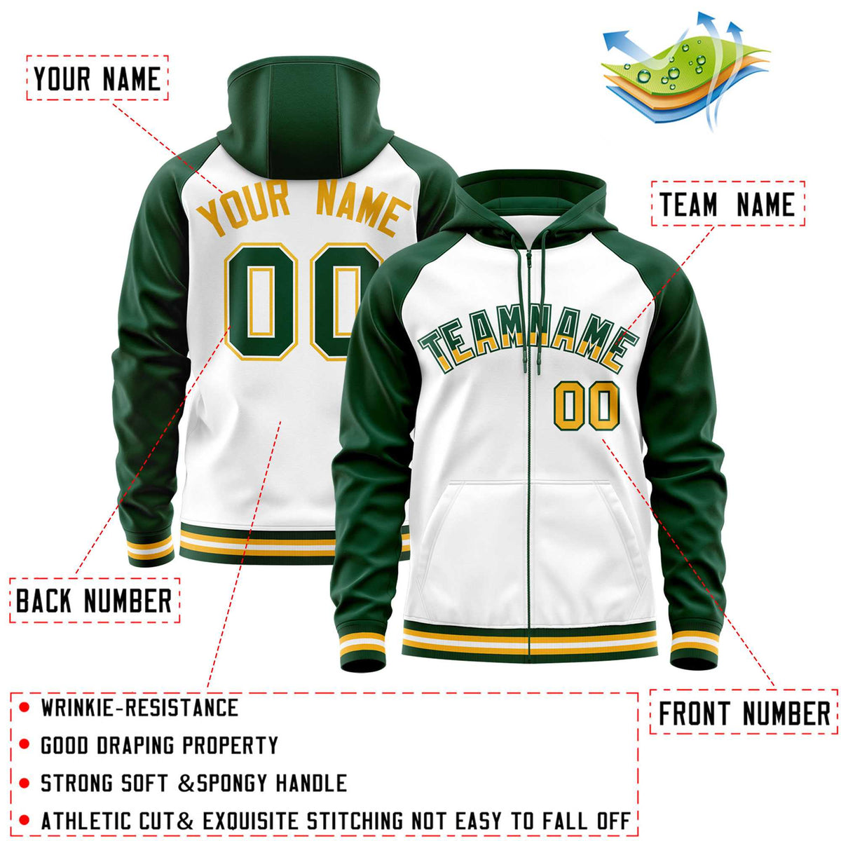 Custom Stitched White Green Raglan Sleeves Sports Full-Zip Sweatshirt Hoodie| KXKSHOP