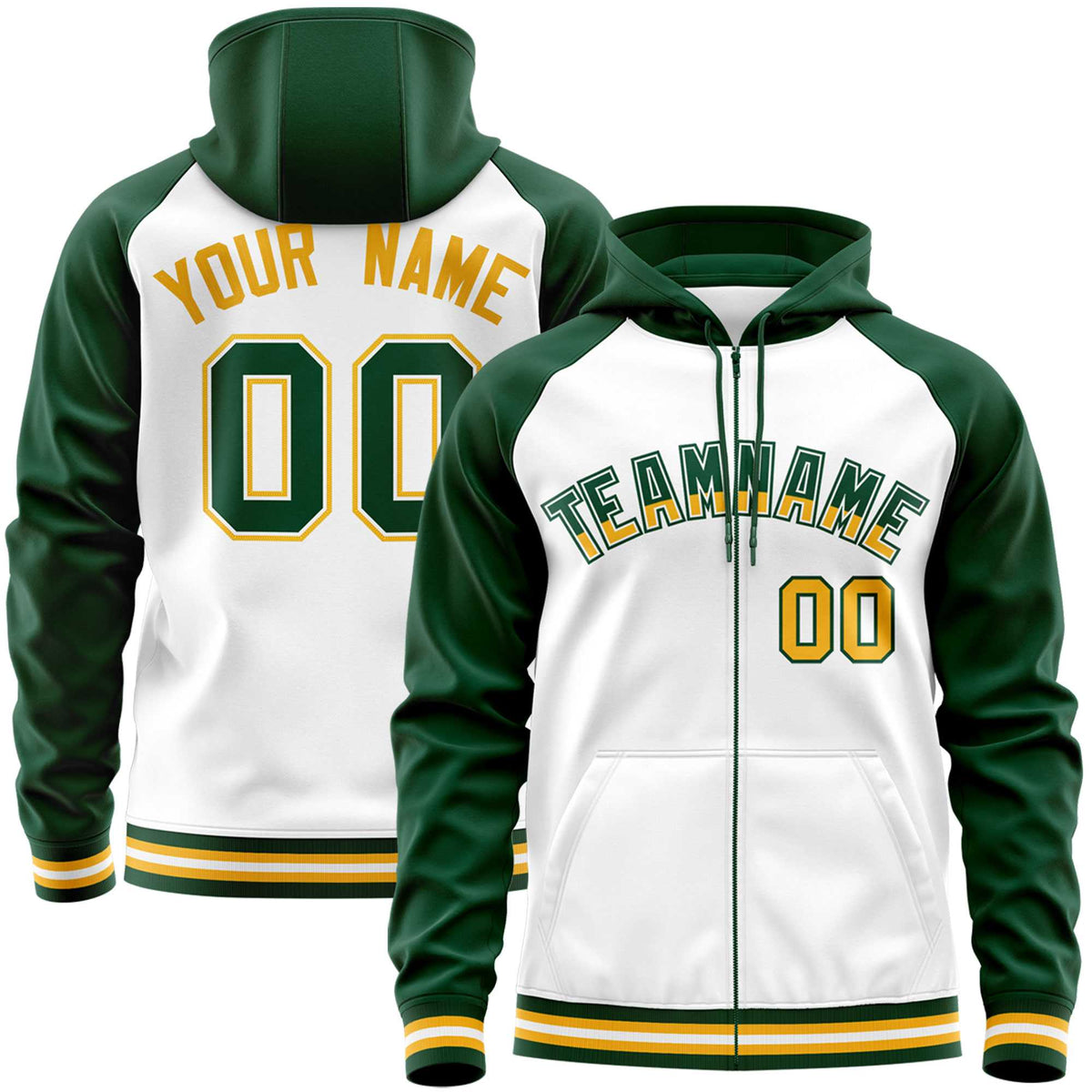 Custom Stitched White Green Raglan Sleeves Sports Full-Zip Sweatshirt Hoodie| KXKSHOP