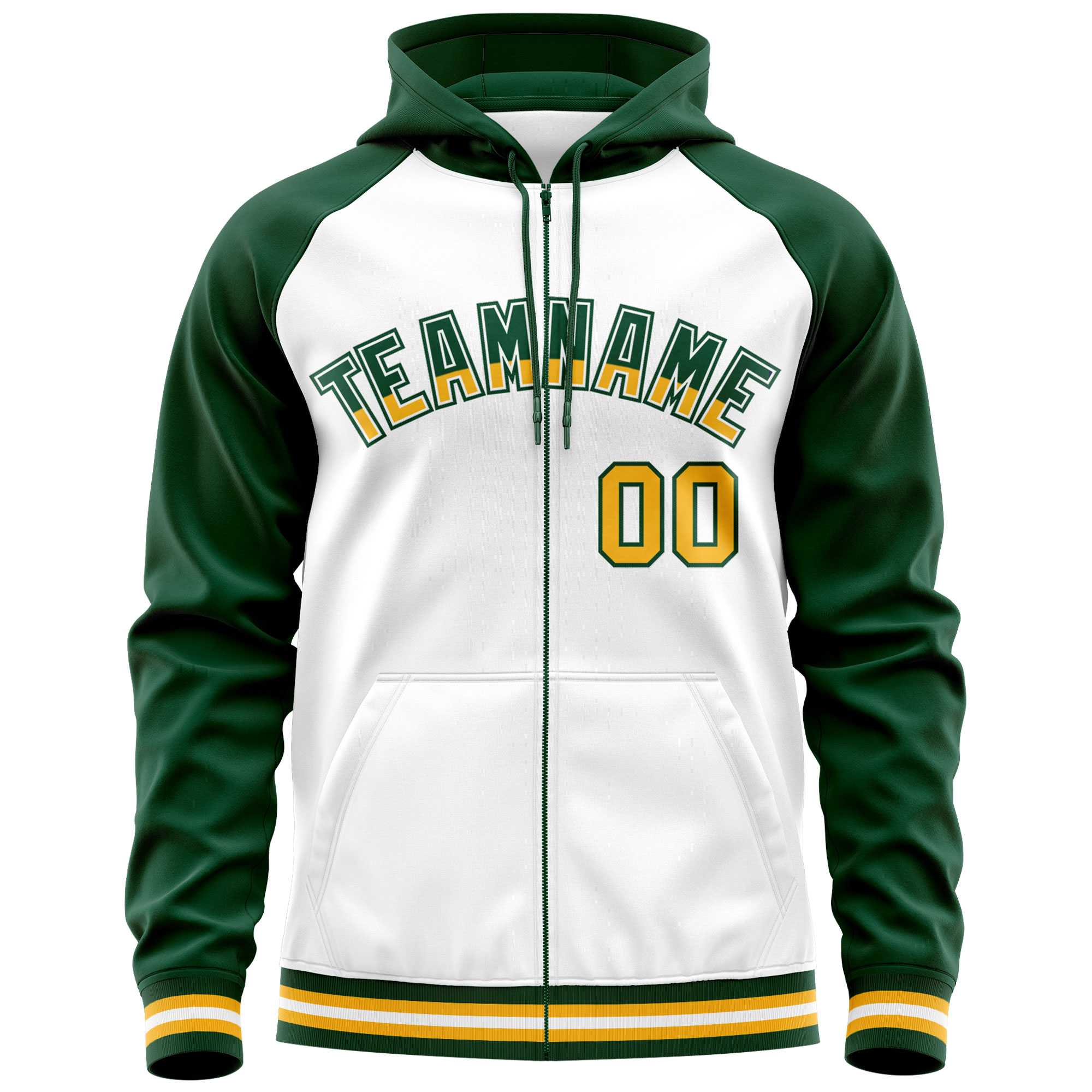Custom Stitched White Green Raglan Sleeves Sports Full-Zip Sweatshirt Hoodie| KXKSHOP