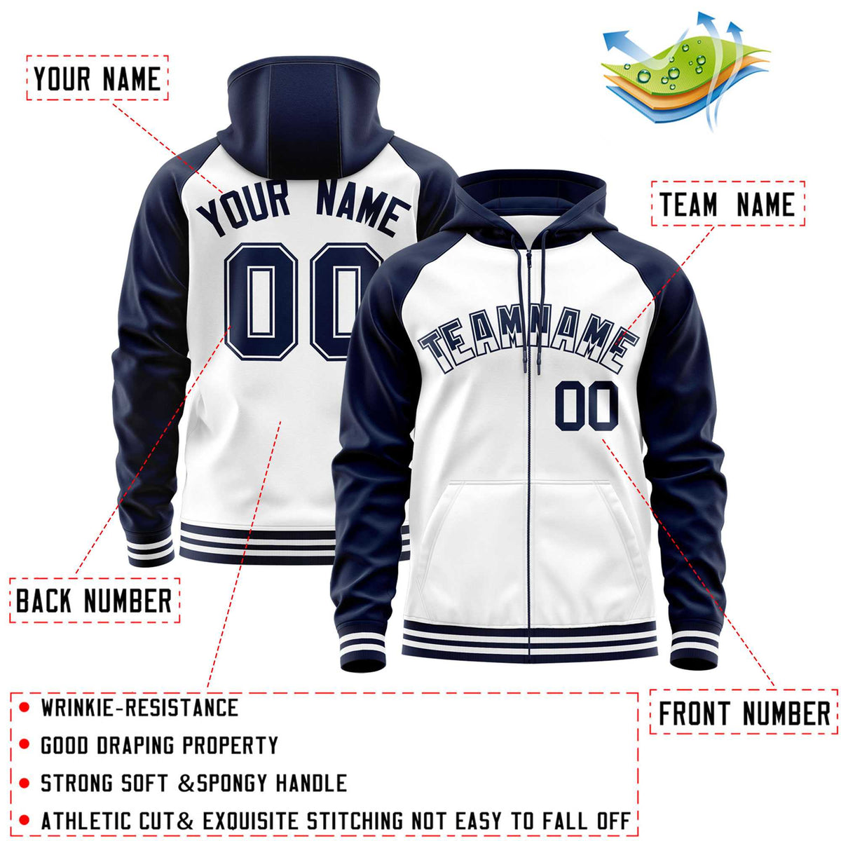 Custom Stitched White Navy Raglan Sleeves Sports Full-Zip Sweatshirt Hoodie| KXKSHOP