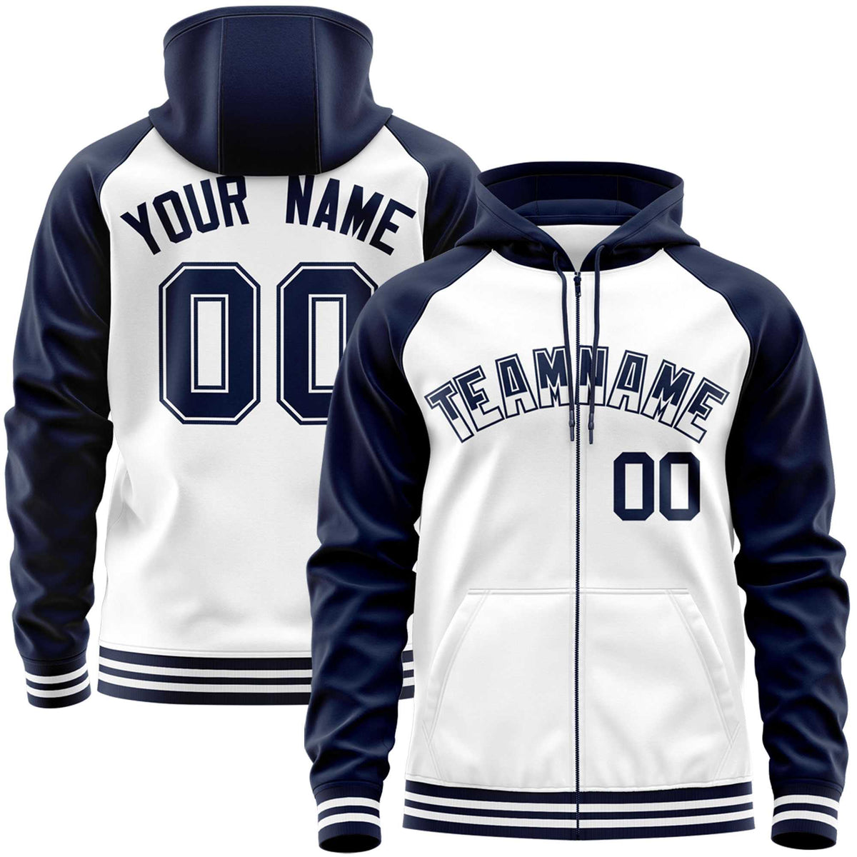 Custom Stitched White Navy Raglan Sleeves Sports Full-Zip Sweatshirt Hoodie| KXKSHOP