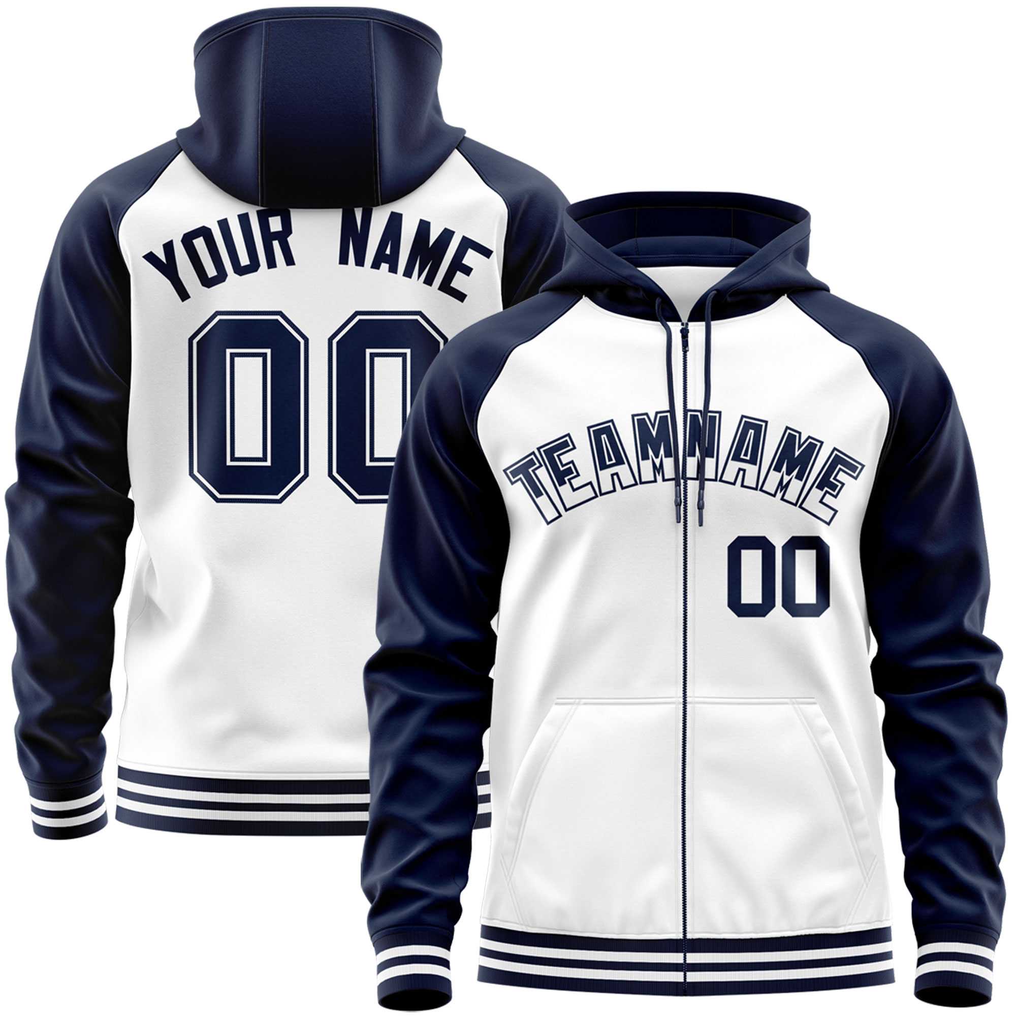 Custom Stitched White Navy Raglan Sleeves Sports Full-Zip Sweatshirt Hoodie| KXKSHOP