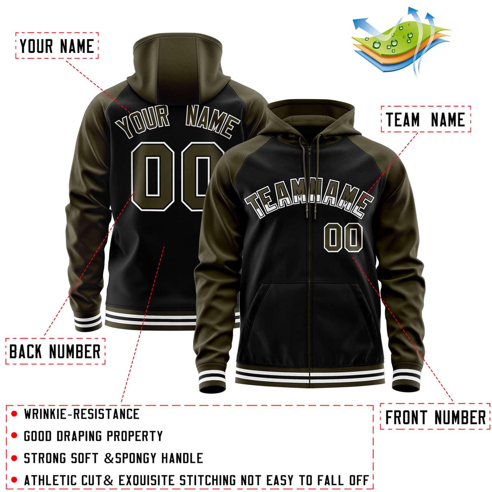 Custom Stitched Black Olive Raglan Sleeves Sports Full-Zip Sweatshirt Hoodie| KXKSHOP
