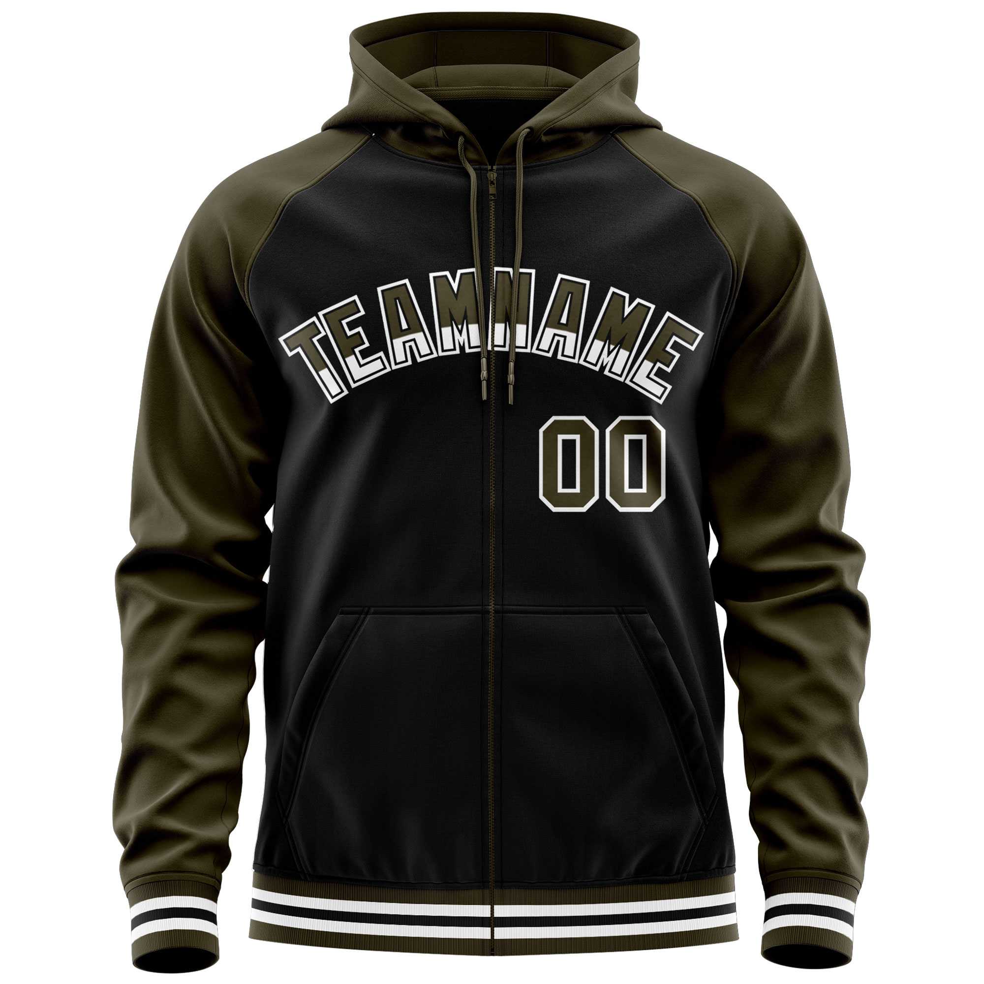 Custom Stitched Black Olive Raglan Sleeves Sports Full-Zip Sweatshirt Hoodie| KXKSHOP