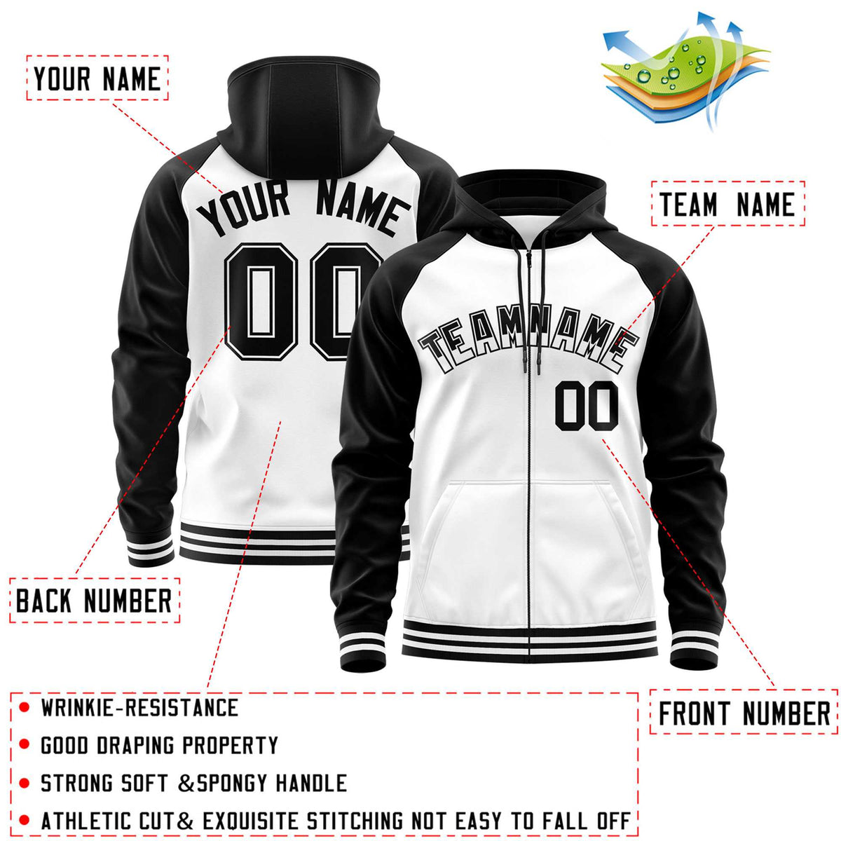 Custom Stitched White Black Raglan Sleeves Sports Full-Zip Sweatshirt Hoodie| KXKSHOP