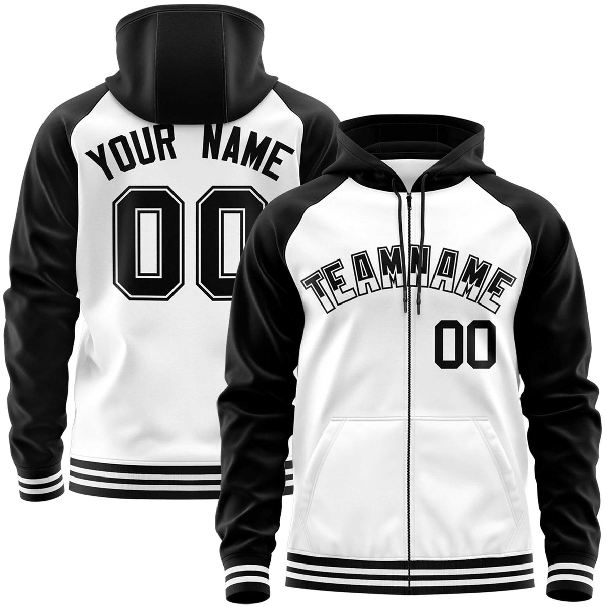 Custom Stitched White Black Raglan Sleeves Sports Full-Zip Sweatshirt Hoodie| KXKSHOP