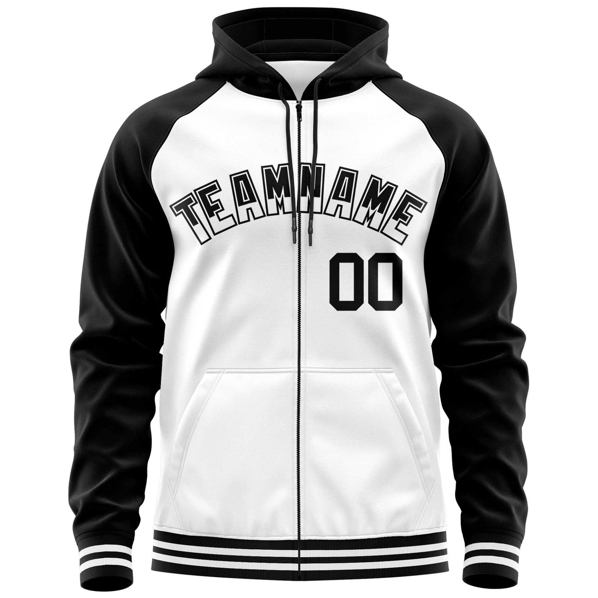 Custom Stitched White Black Raglan Sleeves Sports Full-Zip Sweatshirt Hoodie| KXKSHOP