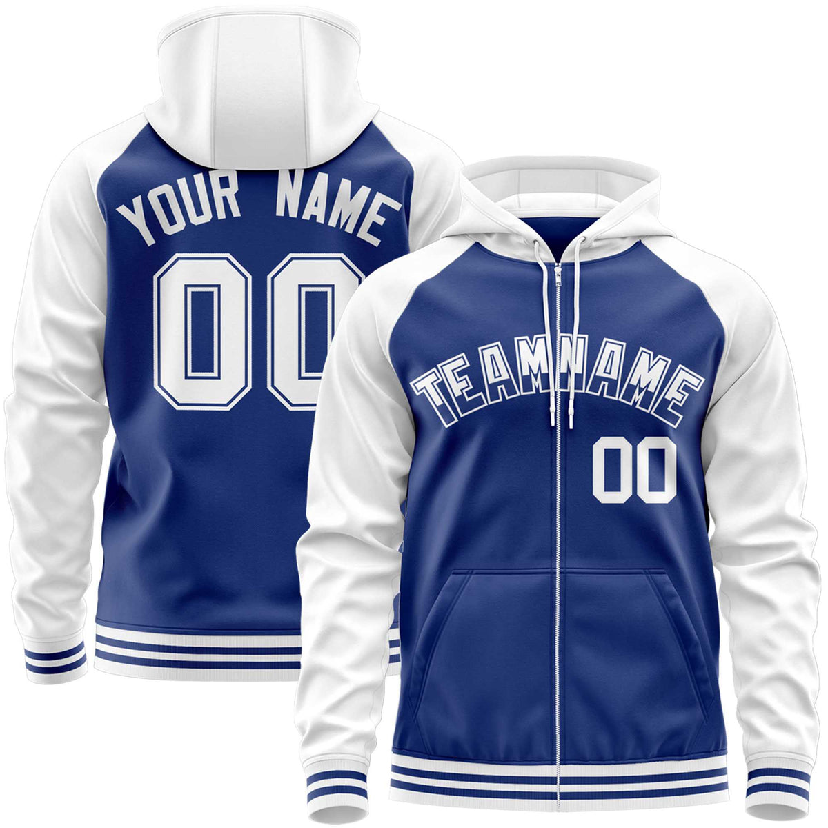 Custom Stitched Royal White Raglan Sleeves Sports Full-Zip Sweatshirt Hoodie| KXKSHOP