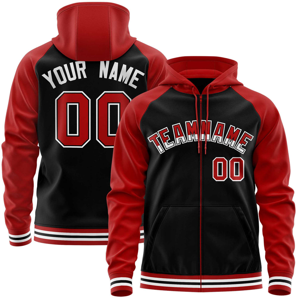 Custom Stitched Black Red Raglan Sleeves Sports Full-Zip Sweatshirt Hoodie| KXKSHOP