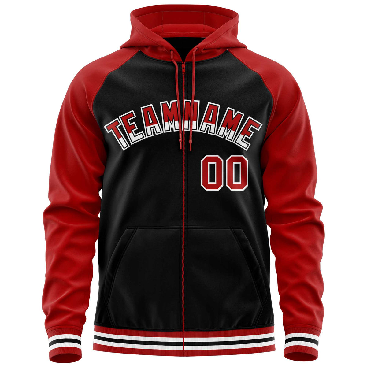 Custom Stitched Black Red Raglan Sleeves Sports Full-Zip Sweatshirt Hoodie| KXKSHOP