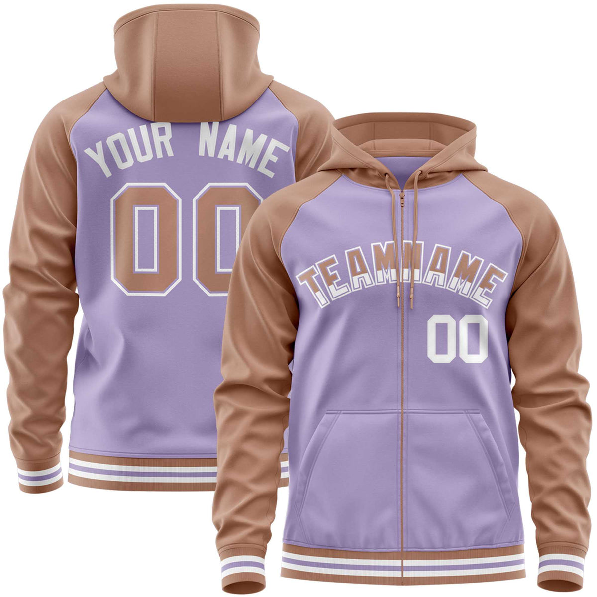 Custom Stitched Light Purple Brown Raglan Sleeves Sports Full-Zip Sweatshirt Hoodie| KXKSHOP