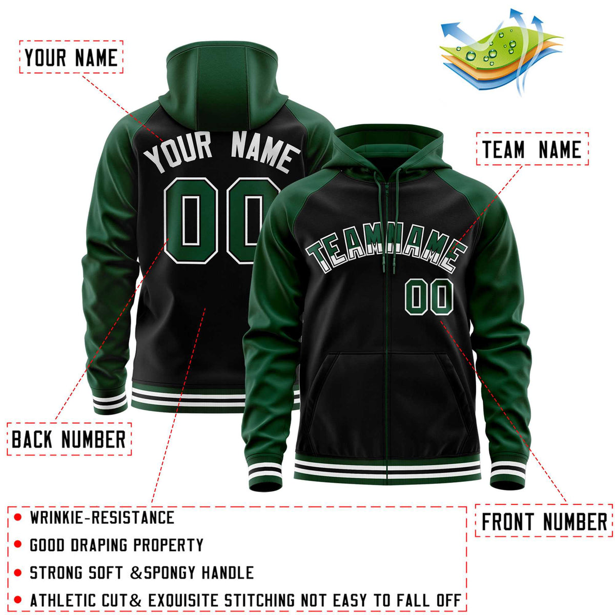 Custom Stitched Black Green Raglan Sleeves Sports Full-Zip Sweatshirt Hoodie| KXKSHOP