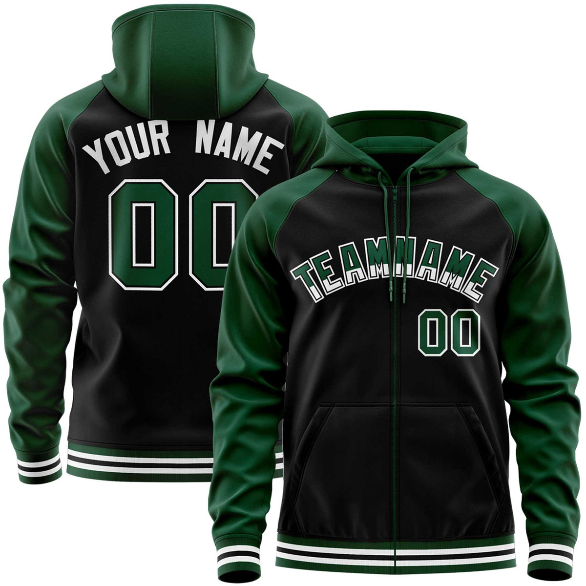 Custom Stitched Black Green Raglan Sleeves Sports Full-Zip Sweatshirt Hoodie| KXKSHOP