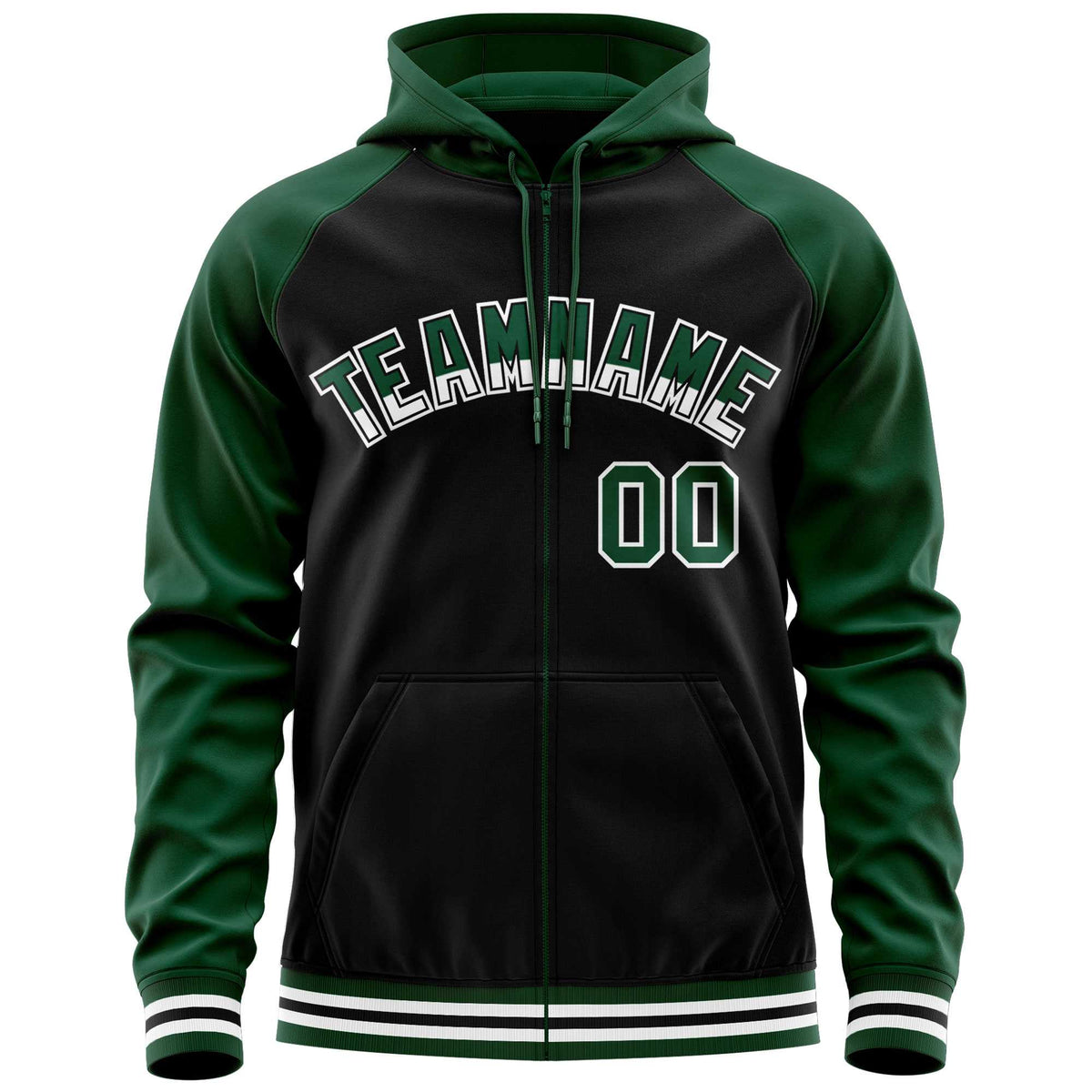 Custom Stitched Black Green Raglan Sleeves Sports Full-Zip Sweatshirt Hoodie| KXKSHOP