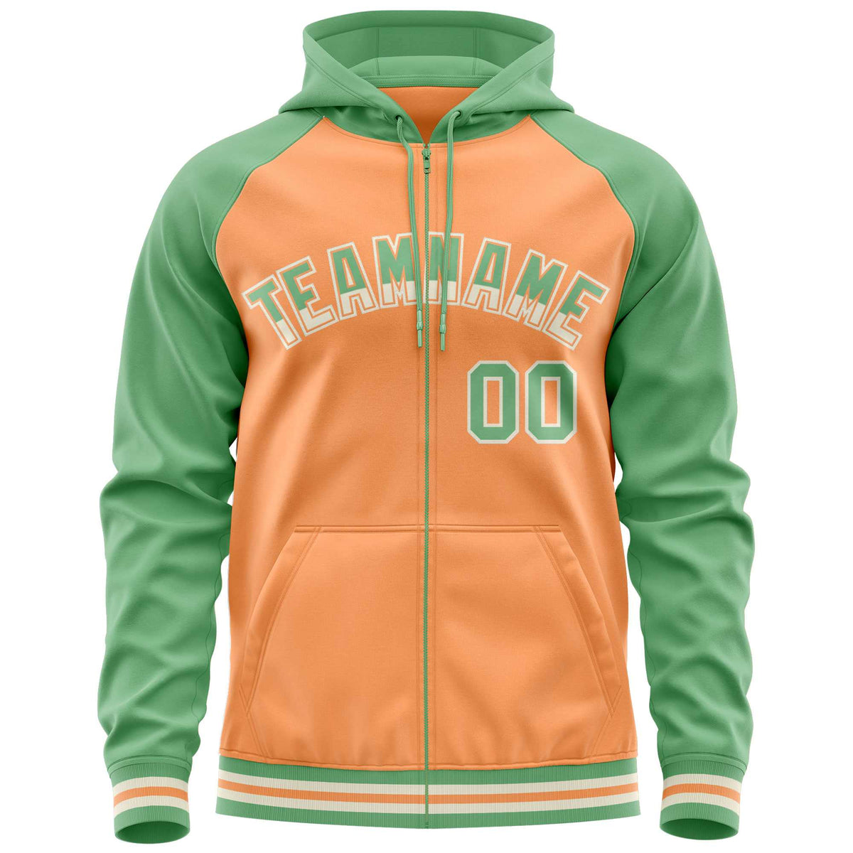 Custom Stitched Light Orange Green Raglan Sleeves Sports Full-Zip Sweatshirt Hoodie| KXKSHOP