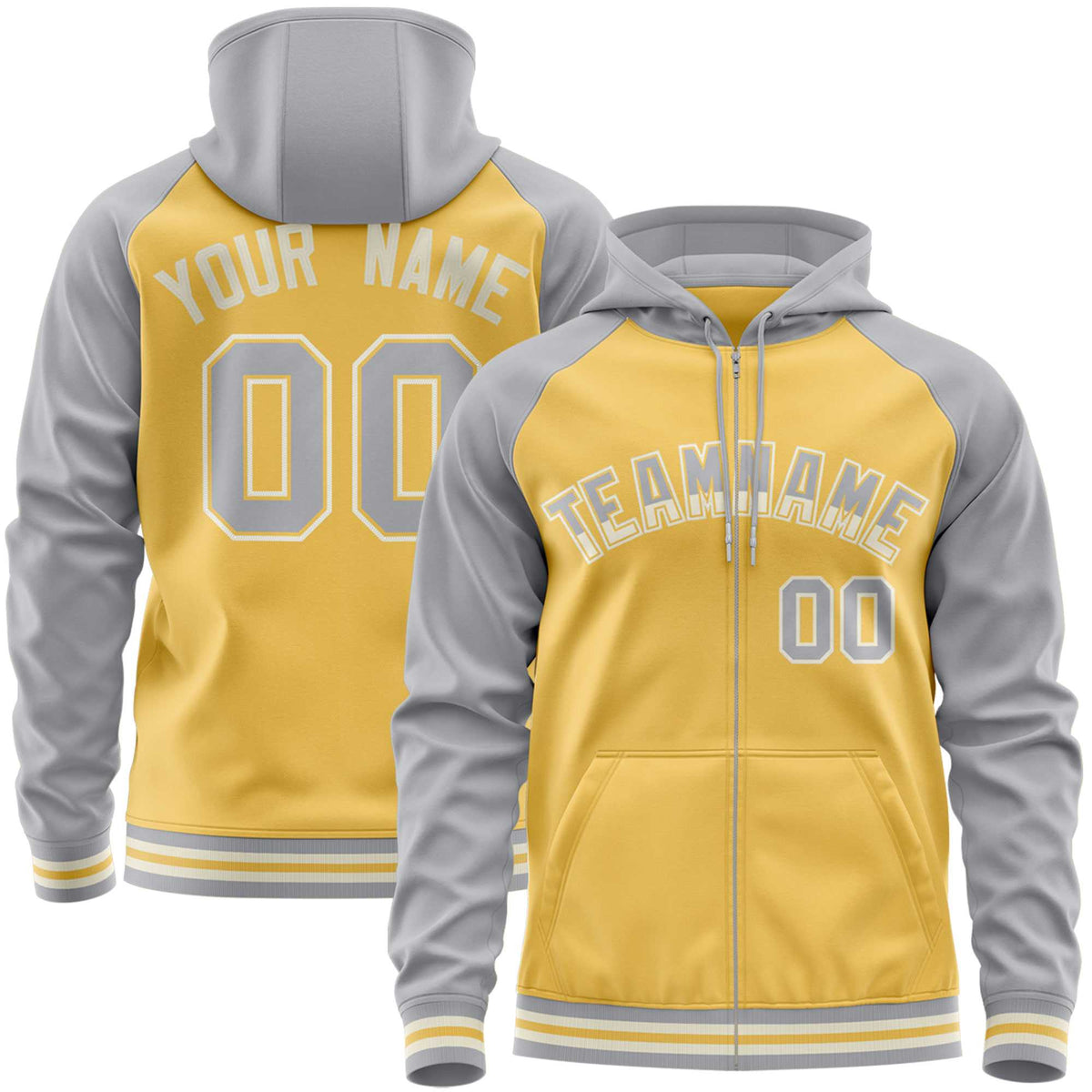 Custom Stitched Yellow Light Gray Raglan Sleeves Sports Full-Zip Sweatshirt Hoodie| KXKSHOP