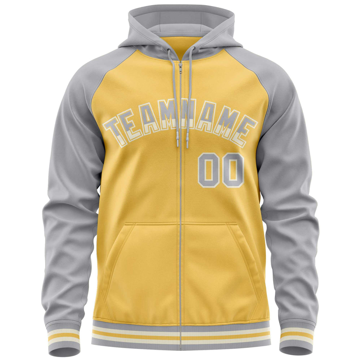 Custom Stitched Yellow Light Gray Raglan Sleeves Sports Full-Zip Sweatshirt Hoodie| KXKSHOP