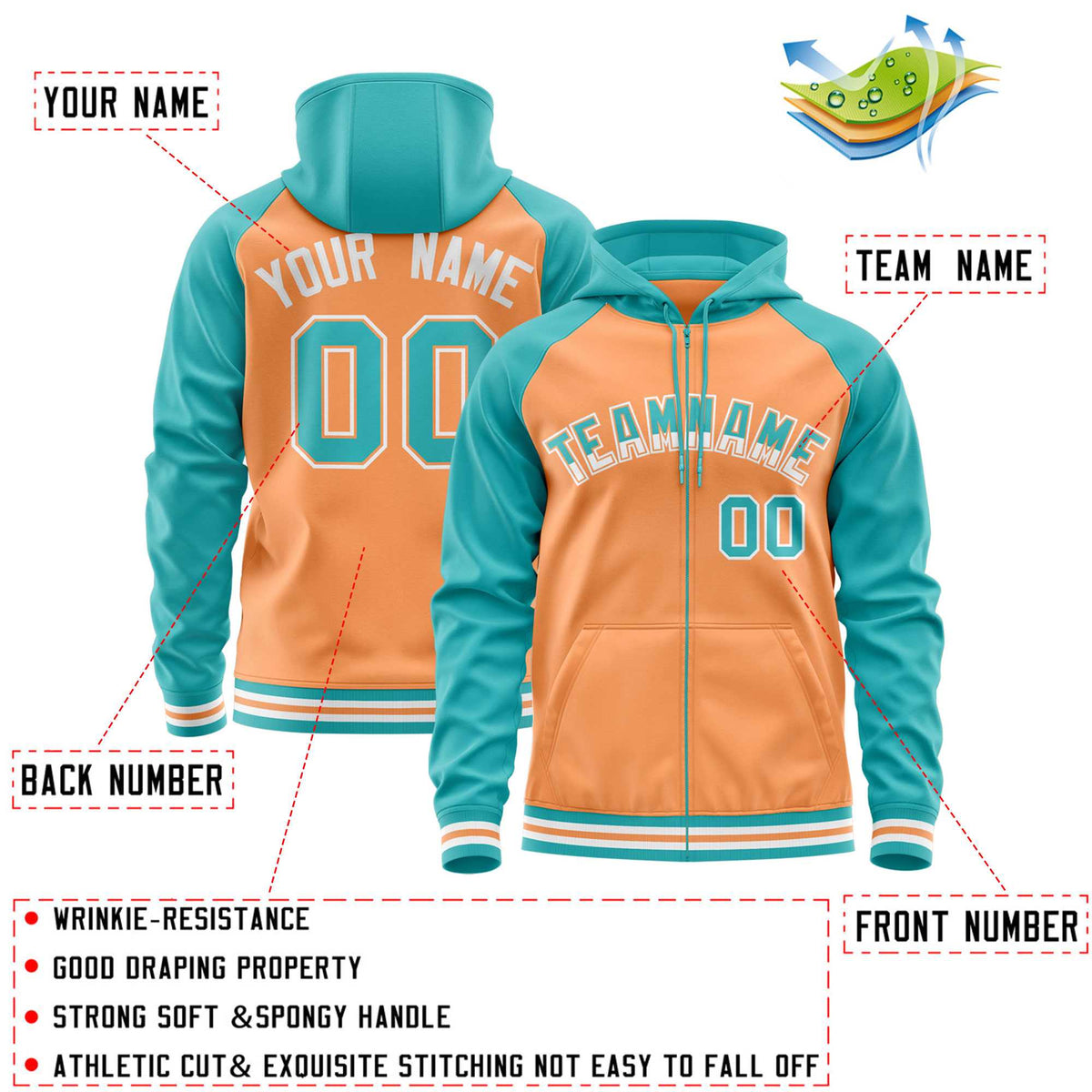 Custom Stitched Light Orange Aqua Raglan Sleeves Sports Full-Zip Sweatshirt Hoodie| KXKSHOP