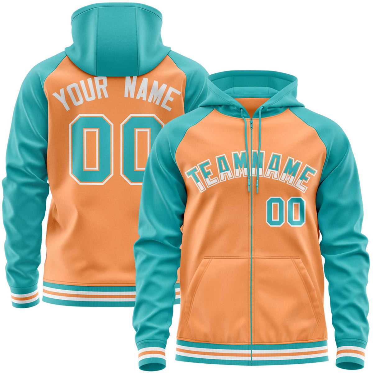 Custom Stitched Light Orange Aqua Raglan Sleeves Sports Full-Zip Sweatshirt Hoodie| KXKSHOP