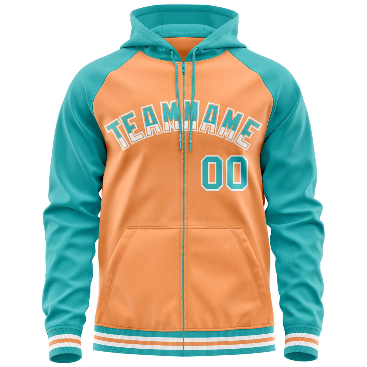 Custom Stitched Light Orange Aqua Raglan Sleeves Sports Full-Zip Sweatshirt Hoodie| KXKSHOP