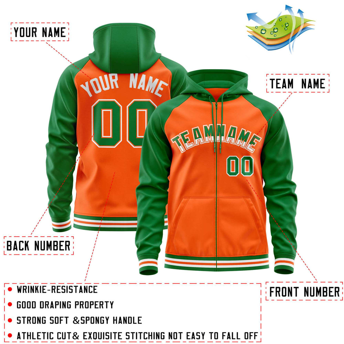 Custom Stitched Orange Kelly Green Raglan Sleeves Sports Full-Zip Sweatshirt Hoodie| KXKSHOP