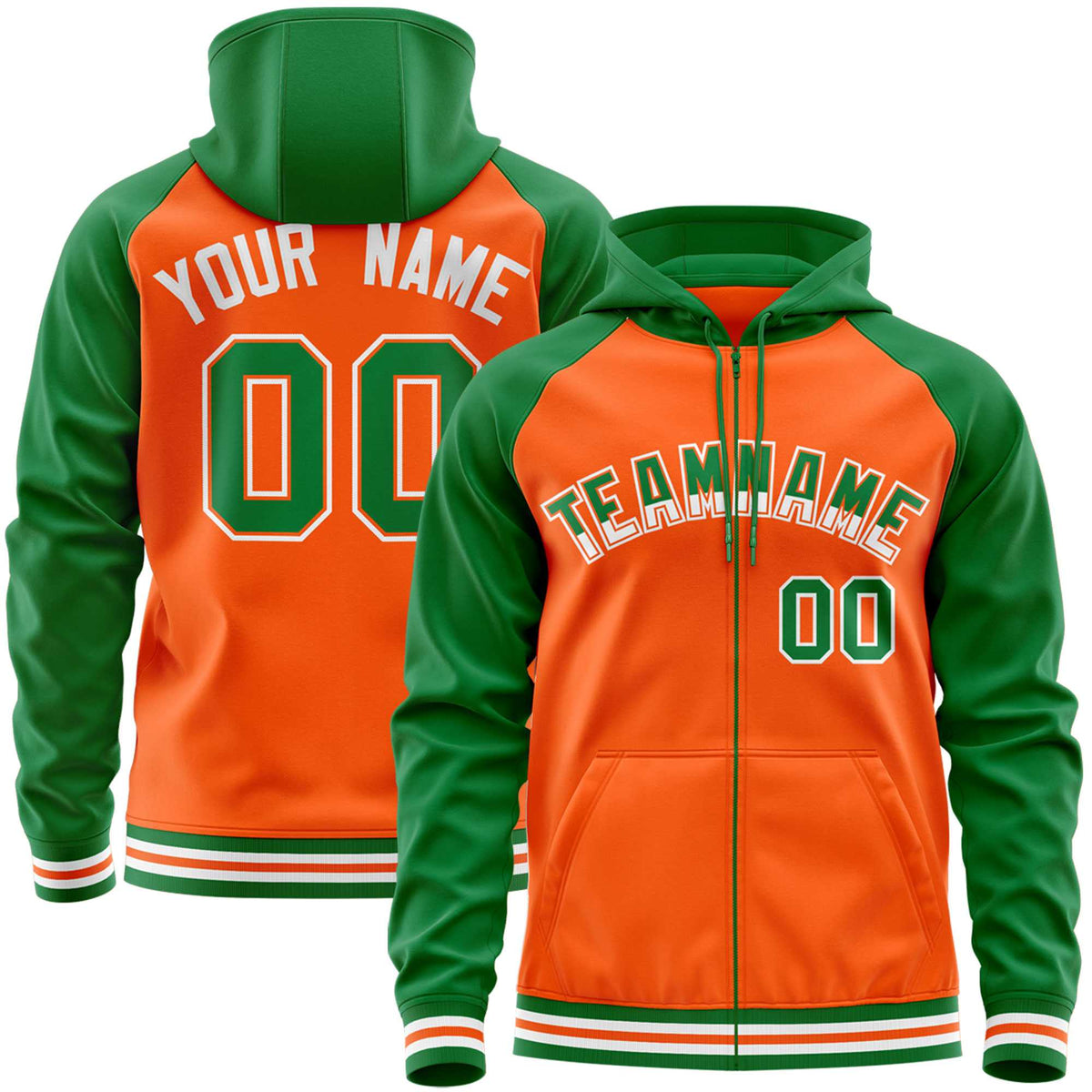 Custom Stitched Orange Kelly Green Raglan Sleeves Sports Full-Zip Sweatshirt Hoodie| KXKSHOP