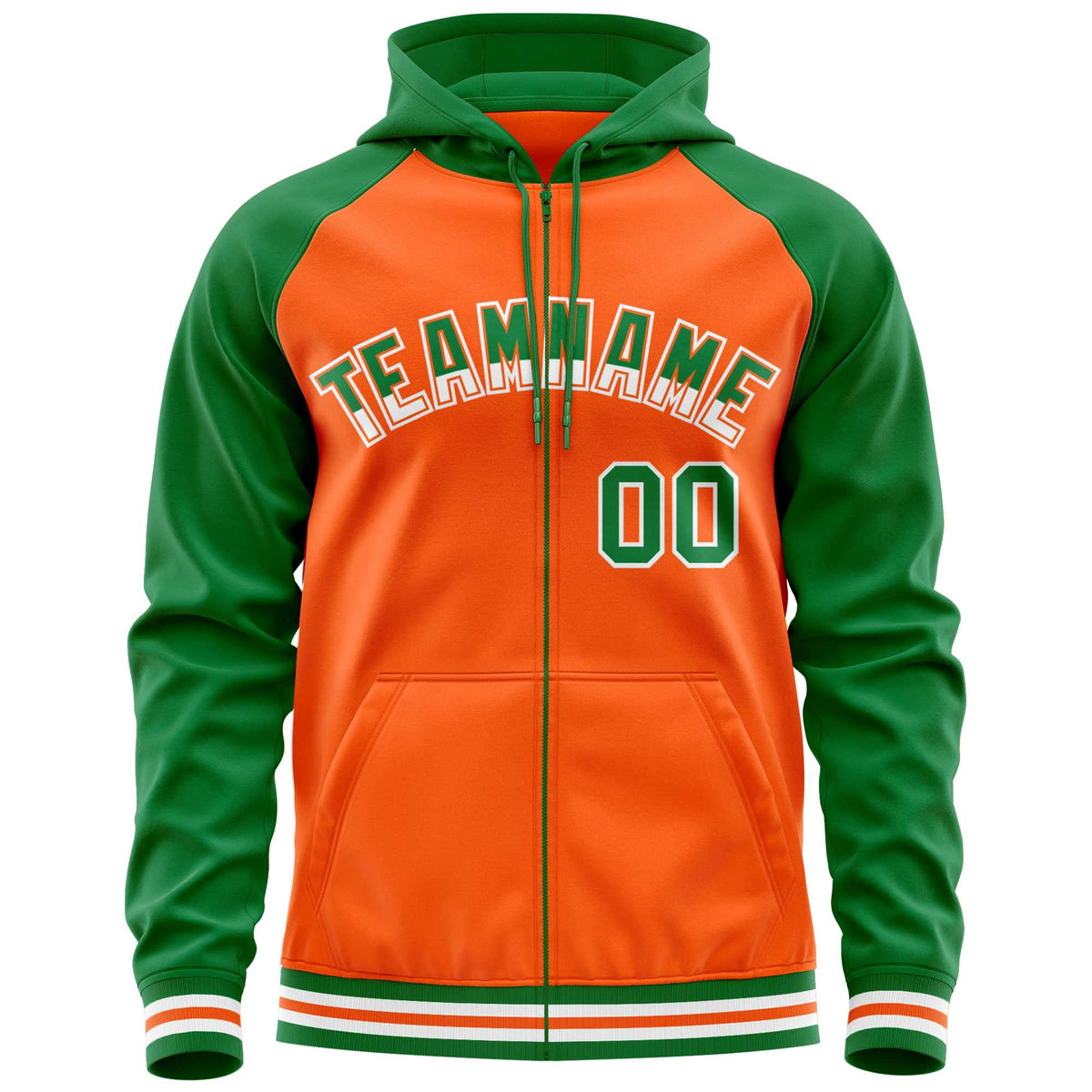 Custom Stitched Orange Kelly Green Raglan Sleeves Sports Full-Zip Sweatshirt Hoodie| KXKSHOP