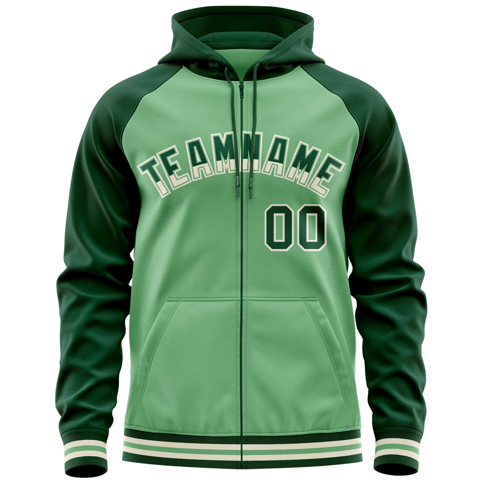 Custom Stitched Green Raglan Sleeves Sports Full-Zip Sweatshirt Hoodie| KXKSHOP