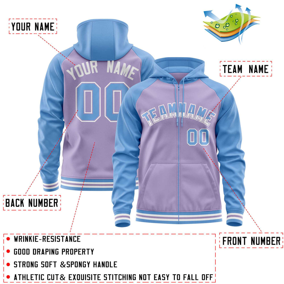 Custom Stitched Light Purple Powder Blue Raglan Sleeves Sports Full-Zip Sweatshirt Hoodie| KXKSHOP