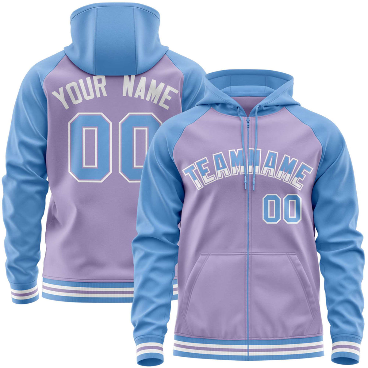 Custom Stitched Light Purple Powder Blue Raglan Sleeves Sports Full-Zip Sweatshirt Hoodie| KXKSHOP