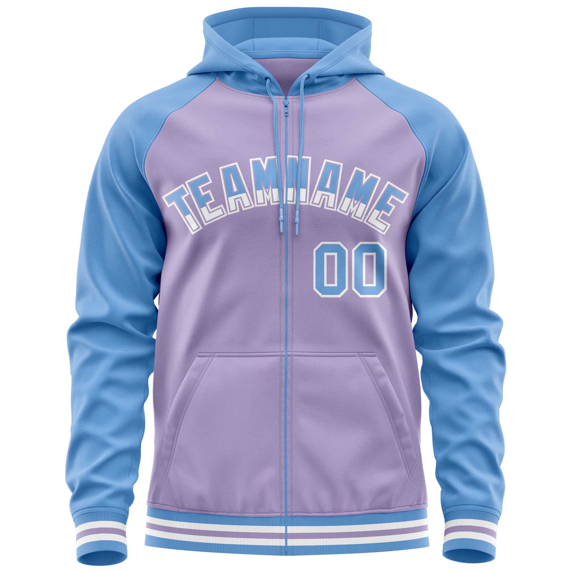 Custom Stitched Light Purple Powder Blue Raglan Sleeves Sports Full-Zip Sweatshirt Hoodie| KXKSHOP