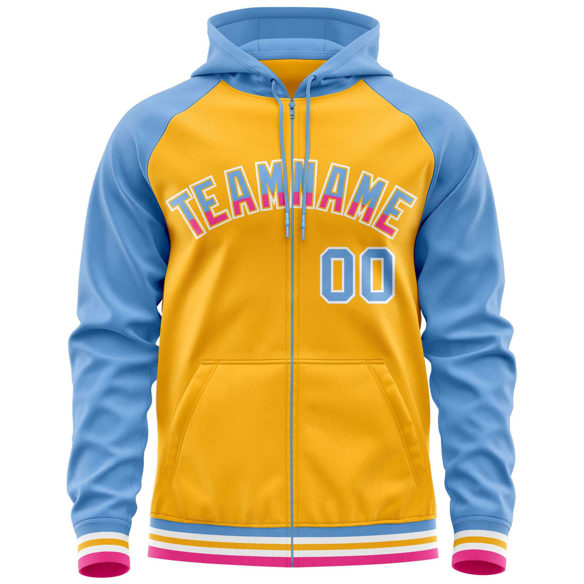 Custom Stitched Yellow Powder Blue Raglan Sleeves Sports Full-Zip Sweatshirt Hoodie| KXKSHOP