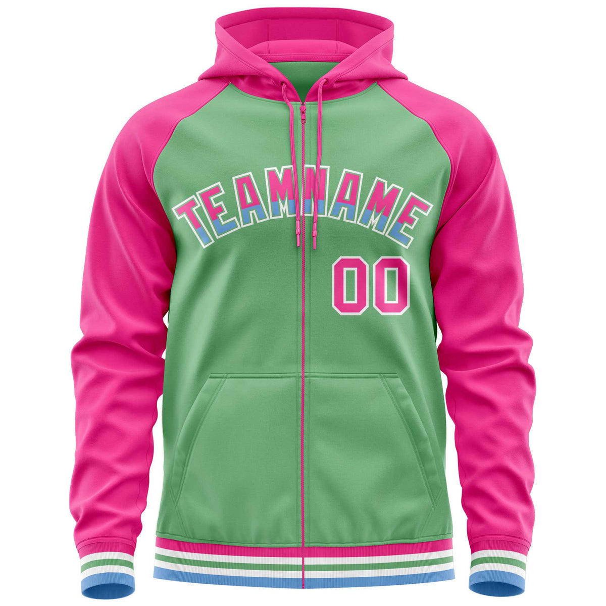 Custom Stitched Green Pink Raglan Sleeves Sports Full-Zip Sweatshirt Hoodie| KXKSHOP