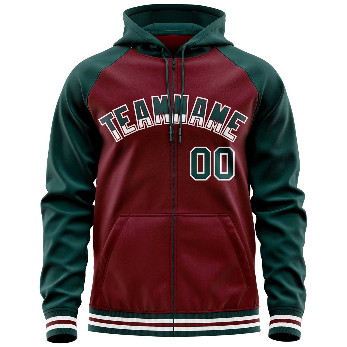 Custom Stitched Crimson Midnight Green Raglan Sleeves Sports Full-Zip Sweatshirt Hoodie| KXKSHOP