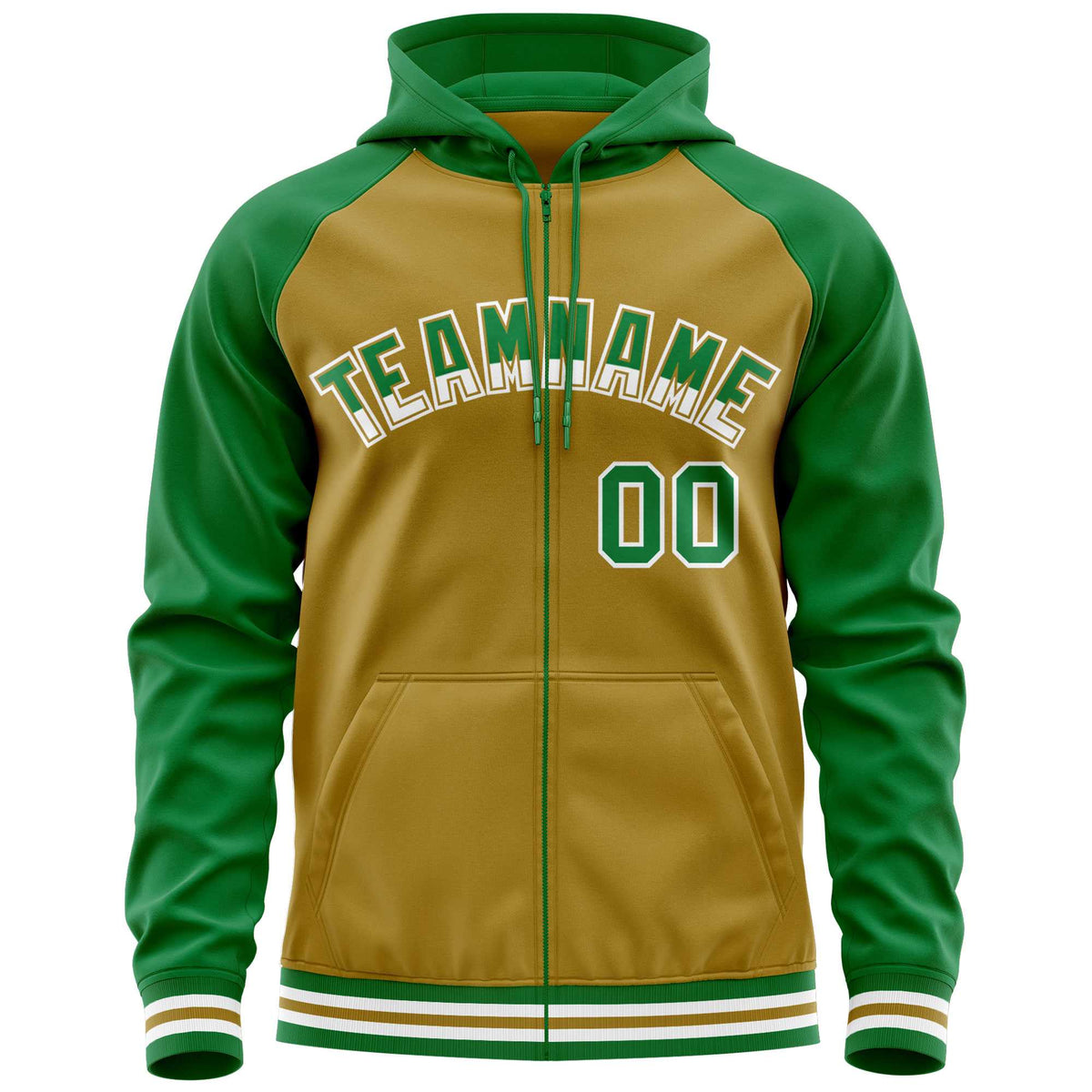 Custom Stitched Old Gold Kelly Green Raglan Sleeves Sports Full-Zip Sweatshirt Hoodie| KXKSHOP