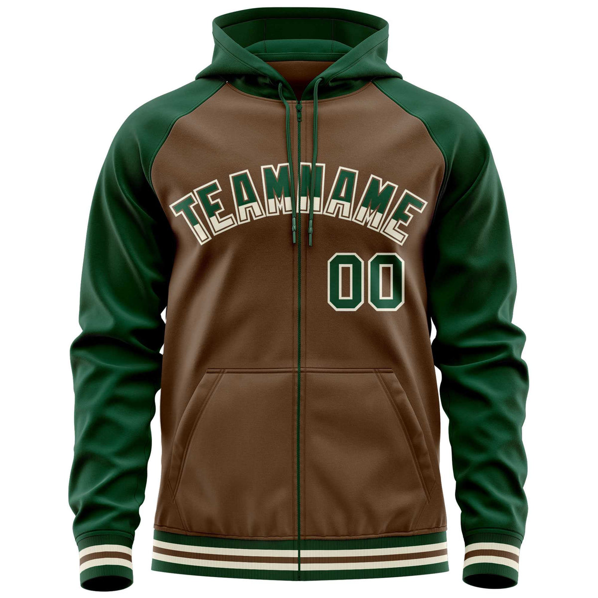 Custom Stitched Light Brown Green Raglan Sleeves Sports Full-Zip Sweatshirt Hoodie| KXKSHOP