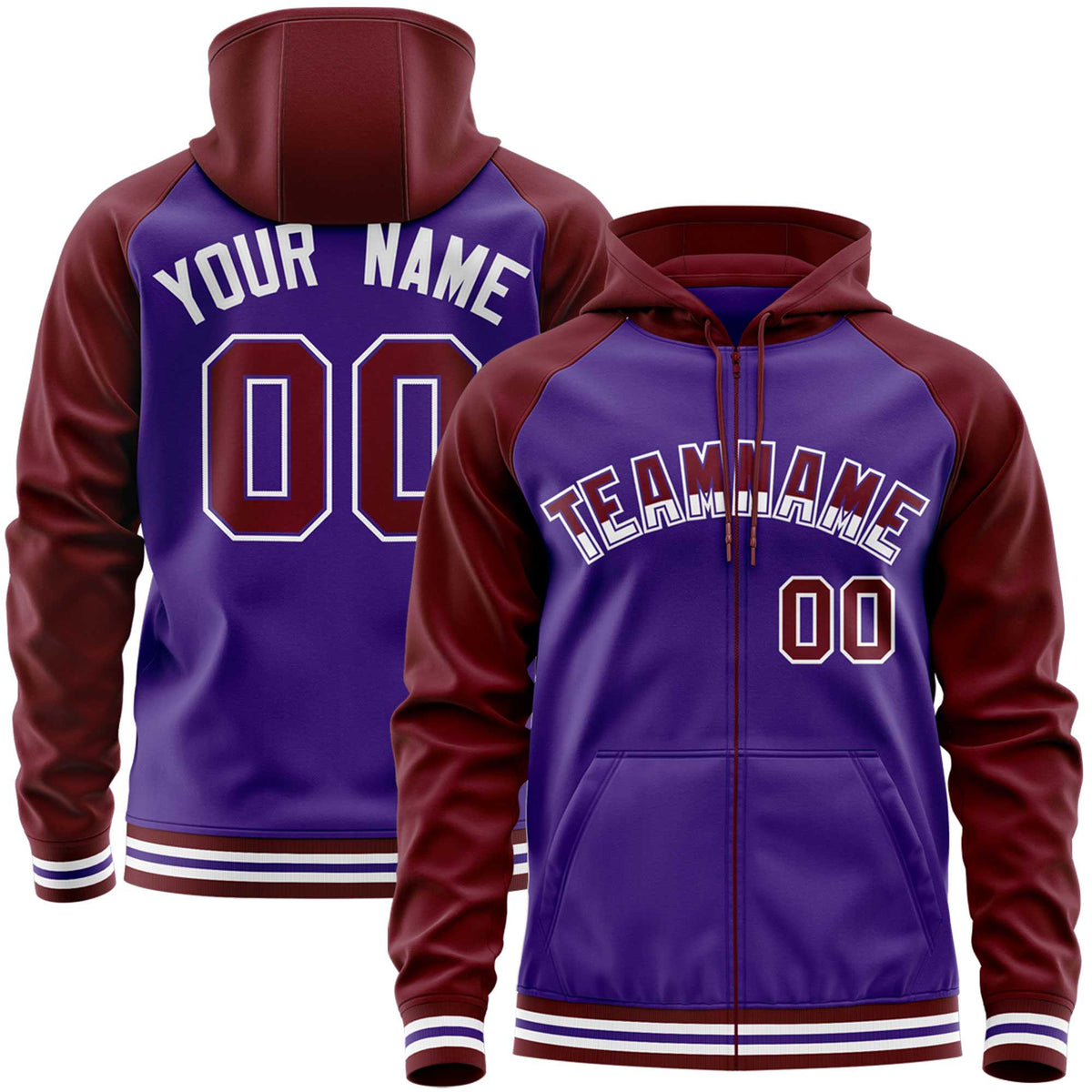 Custom Stitched Purple Crimson Raglan Sleeves Sports Full-Zip Sweatshirt Hoodie| KXKSHOP