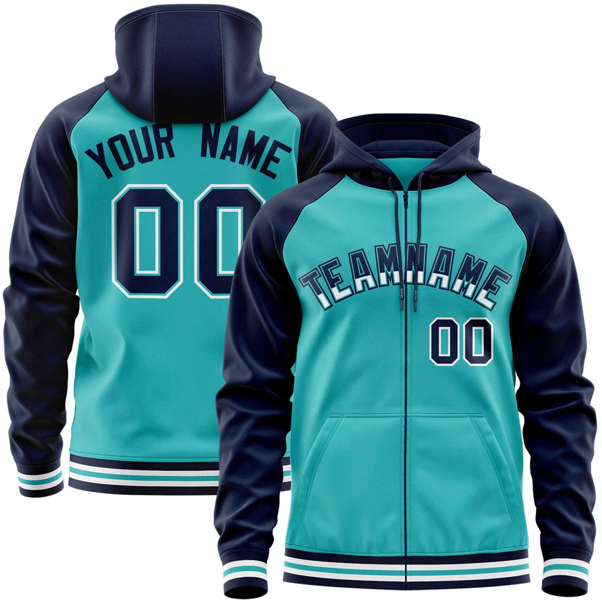 Custom Stitched Aqua Navy Raglan Sleeves Sports Full-Zip Sweatshirt Hoodie| KXKSHOP