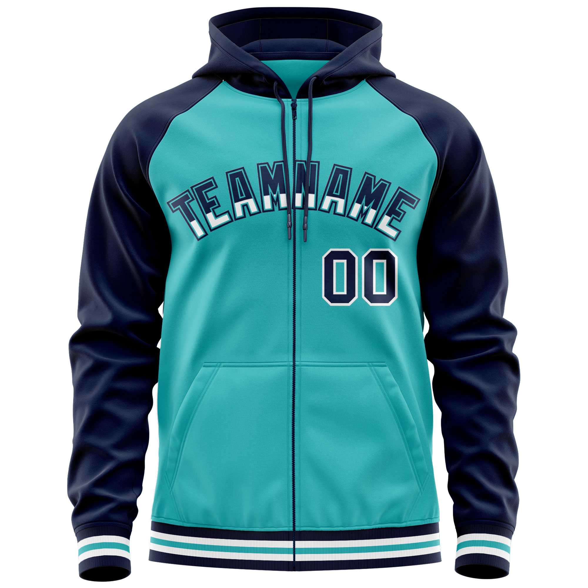 Custom Stitched Aqua Navy Raglan Sleeves Sports Full-Zip Sweatshirt Hoodie| KXKSHOP