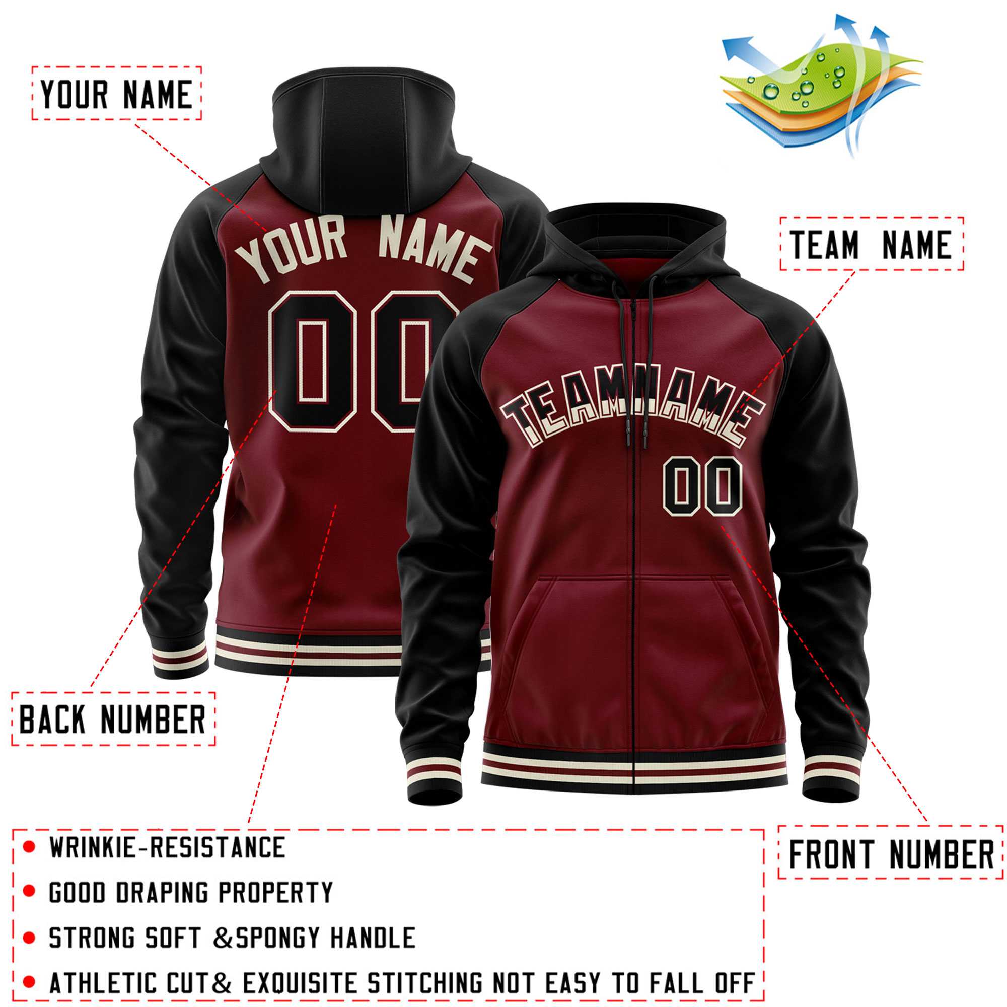 Custom Stitched Crimson Black Raglan Sleeves Sports Full-Zip Sweatshirt Hoodie| KXKSHOP