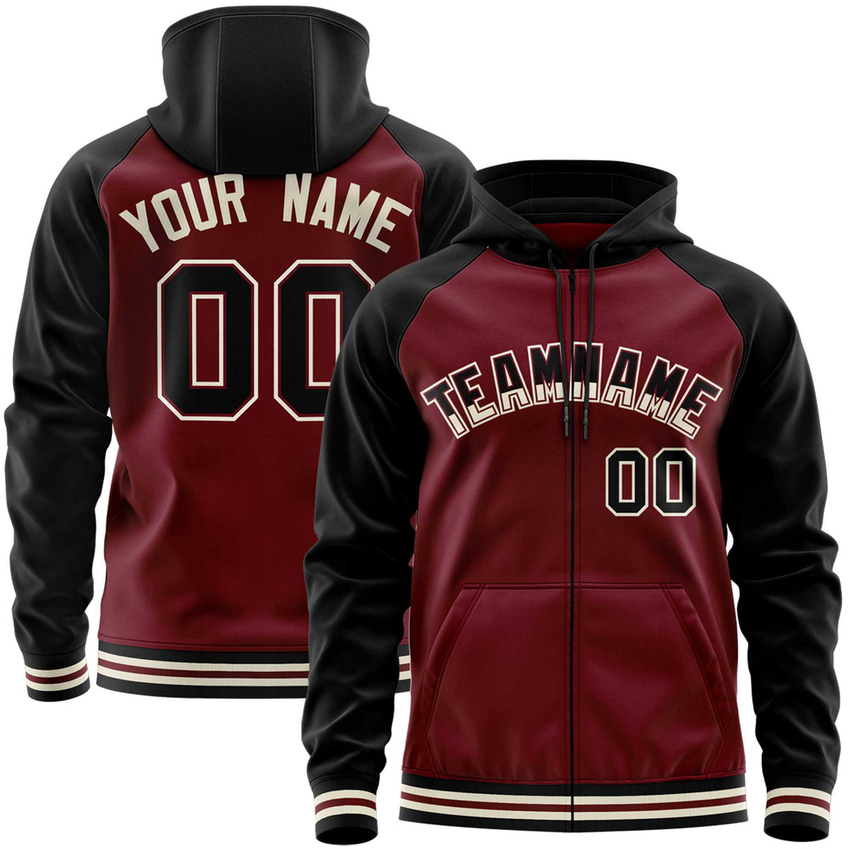 Custom Stitched Crimson Black Raglan Sleeves Sports Full-Zip Sweatshirt Hoodie| KXKSHOP