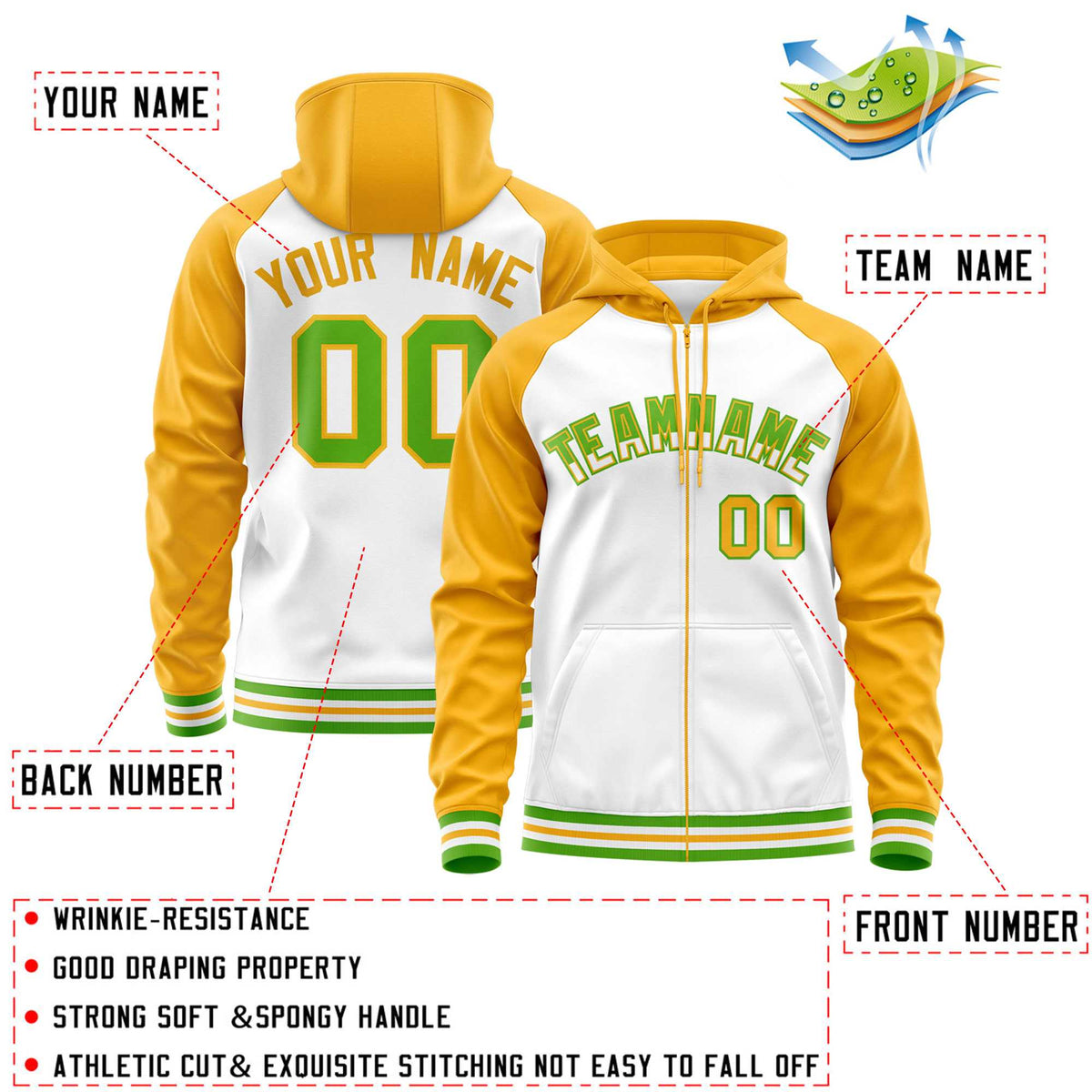 Custom Stitched White Yellow Raglan Sleeves Sports Full-Zip Sweatshirt Hoodie| KXKSHOP