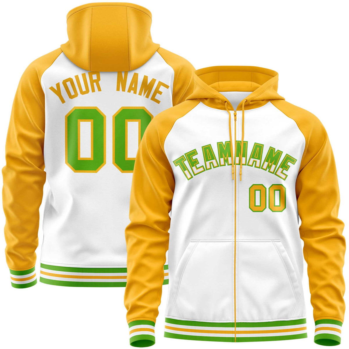 Custom Stitched White Yellow Raglan Sleeves Sports Full-Zip Sweatshirt Hoodie| KXKSHOP