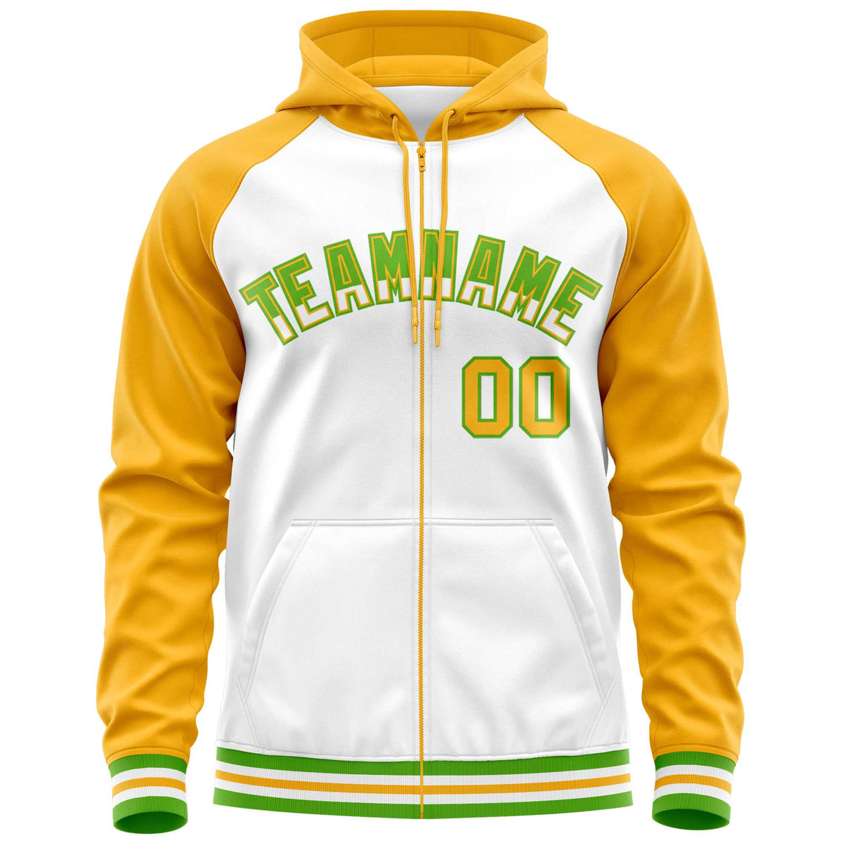 Custom Stitched White Yellow Raglan Sleeves Sports Full-Zip Sweatshirt Hoodie| KXKSHOP