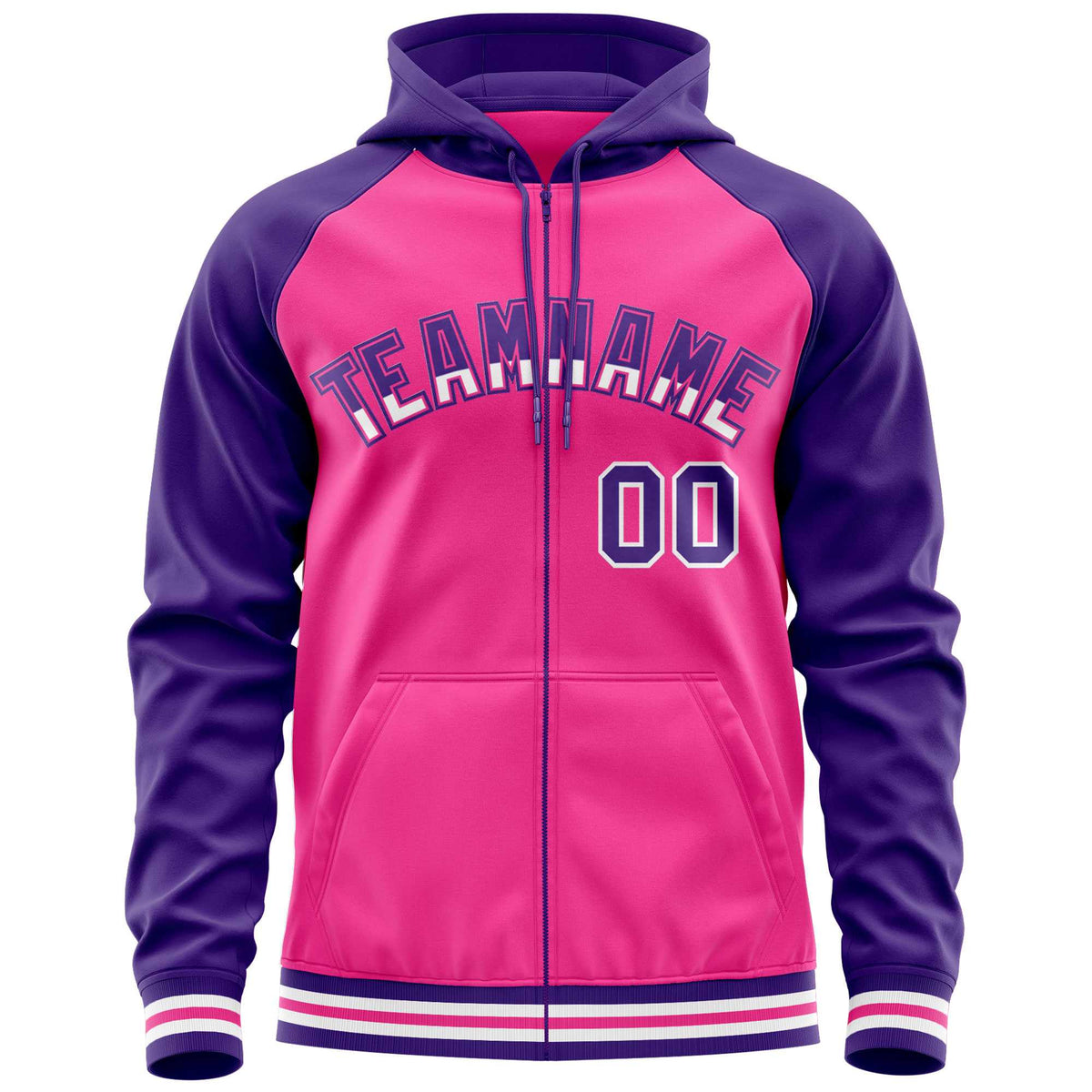 Custom Stitched Pink Purple Raglan Sleeves Sports Full-Zip Sweatshirt Hoodie| KXKSHOP
