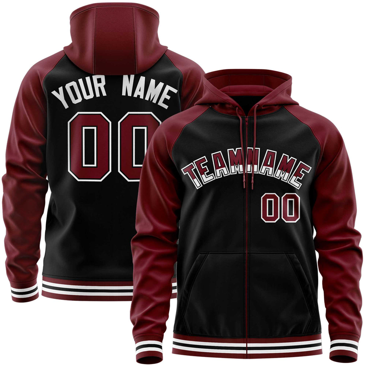 Custom Stitched Black Crimson Raglan Sleeves Sports Full-Zip Sweatshirt Hoodie| KXKSHOP