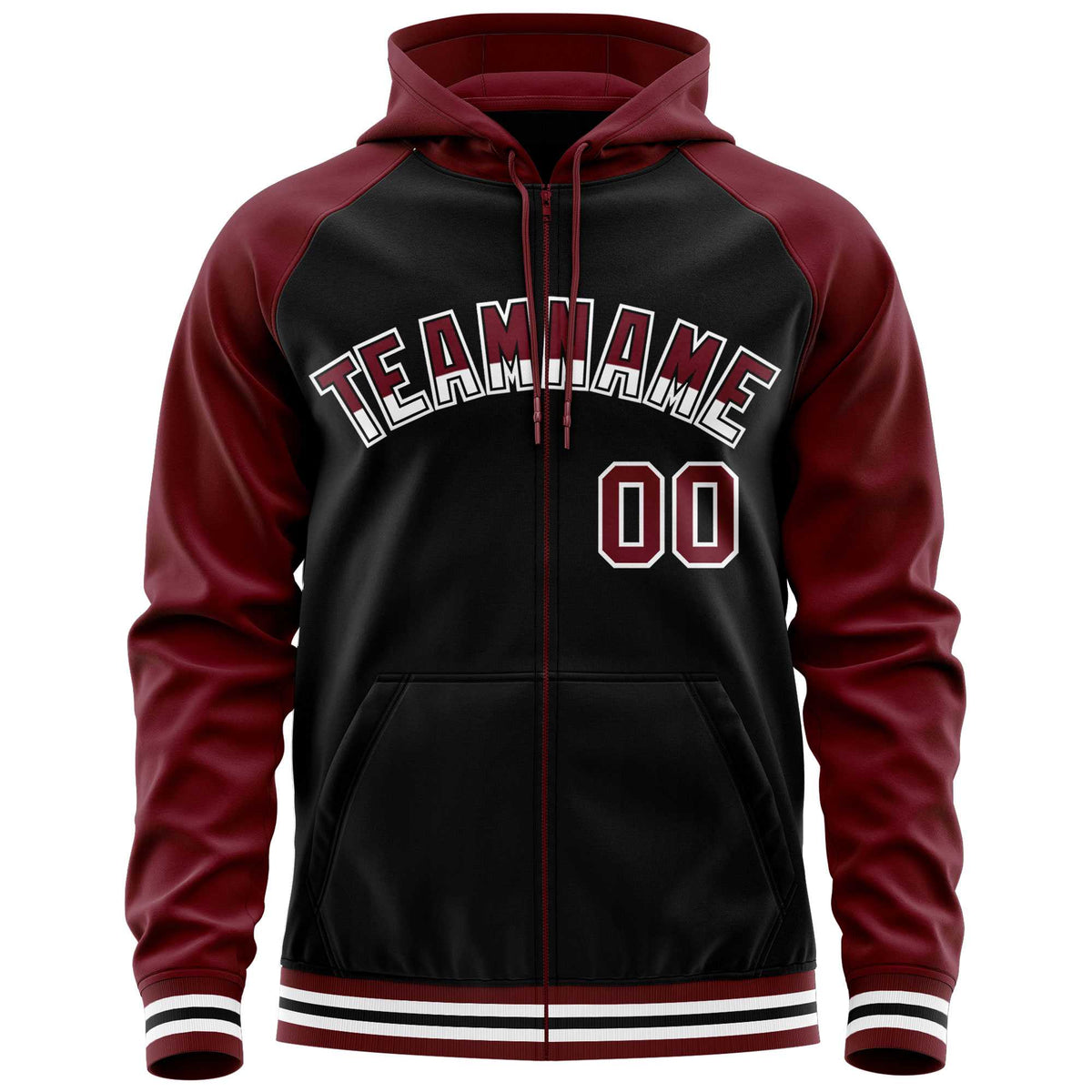 Custom Stitched Black Crimson Raglan Sleeves Sports Full-Zip Sweatshirt Hoodie| KXKSHOP