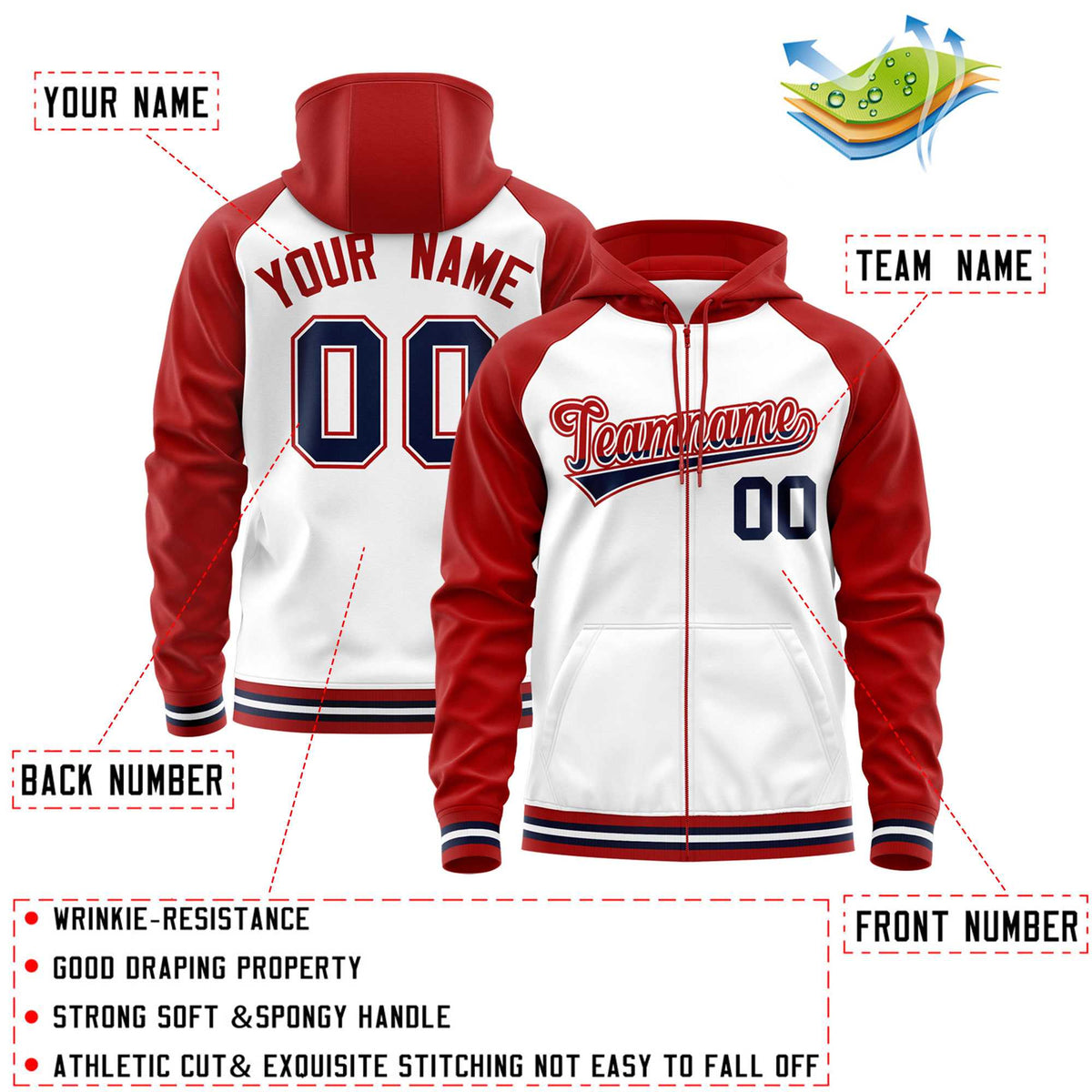 Custom Stitched White Red Raglan Sleeves Sports Full-Zip Sweatshirt Hoodie| KXKSHOP