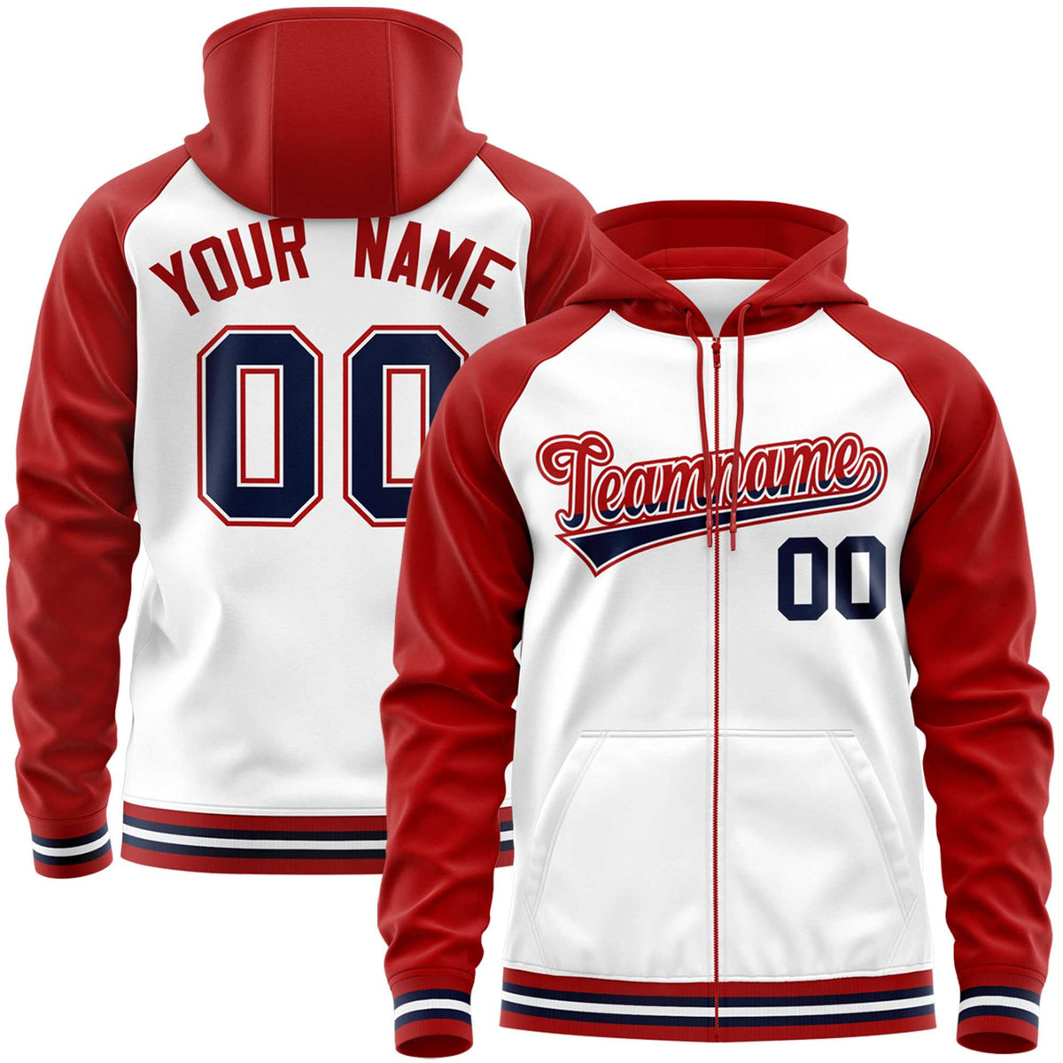 Custom Stitched White Red Raglan Sleeves Sports Full-Zip Sweatshirt Hoodie| KXKSHOP